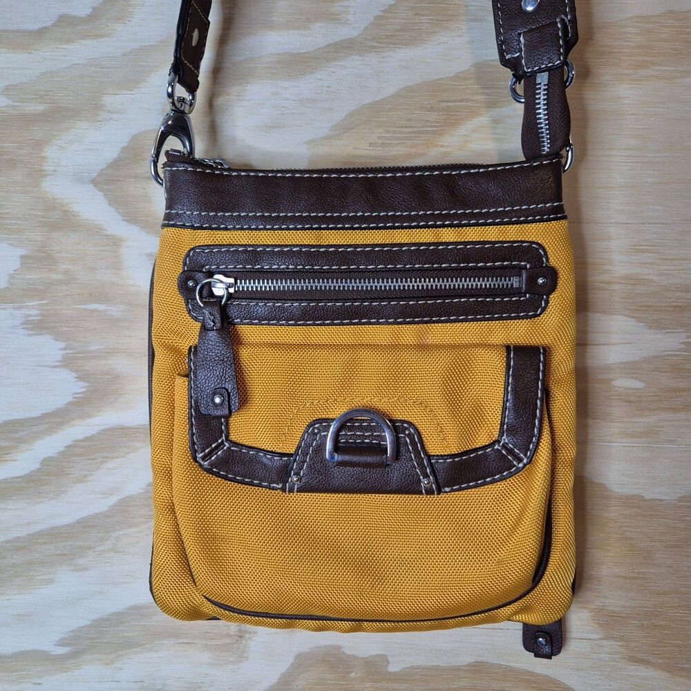 St. John's Bay Mustard Yellow Brown Crossbody Bag Multi Pocket Organizer Purse